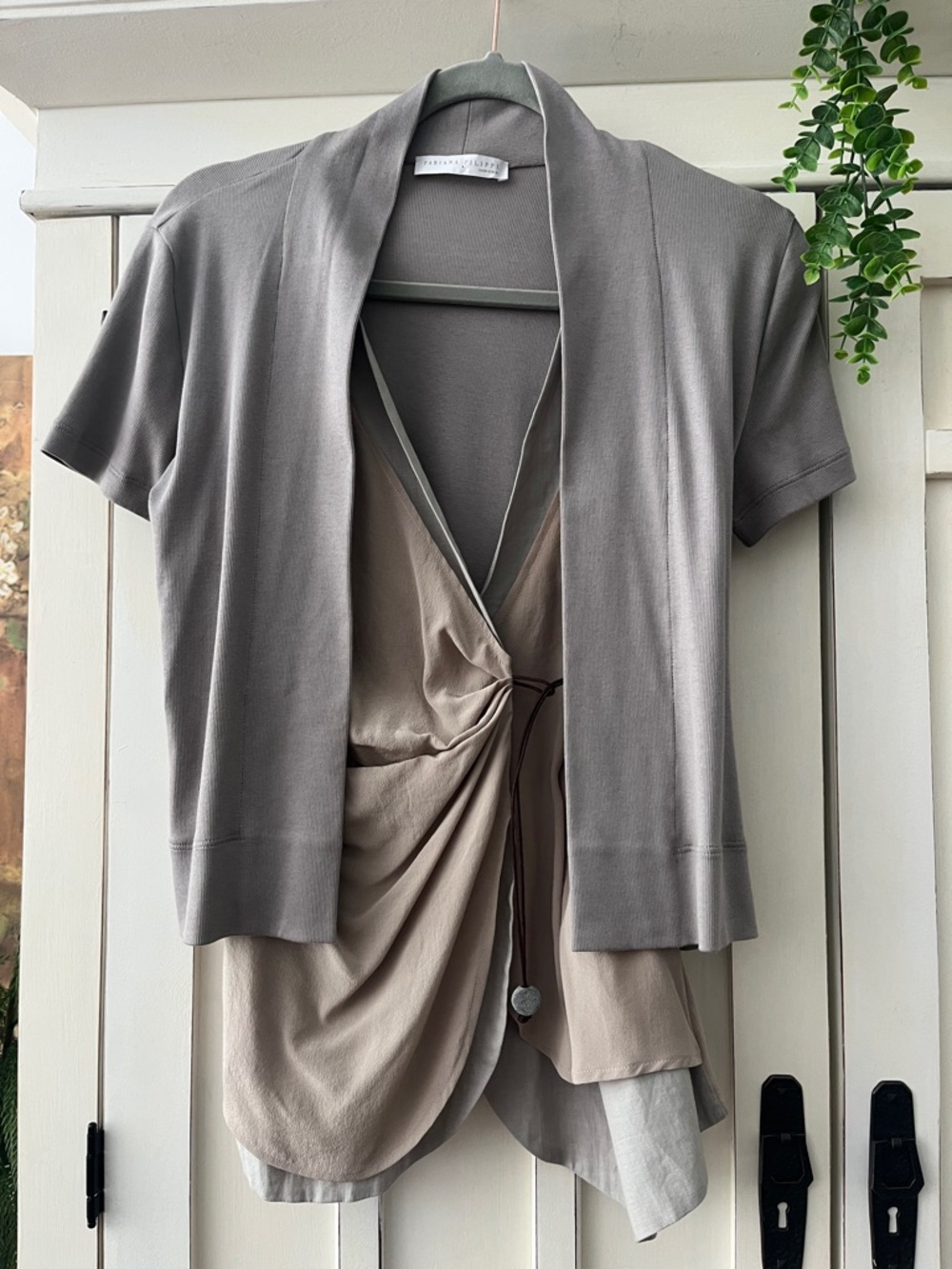 FABIANA FILIPPI SHORT SLEEVE GRAY CARDIGAN OVERLAID TAUPE DRAPED TOP